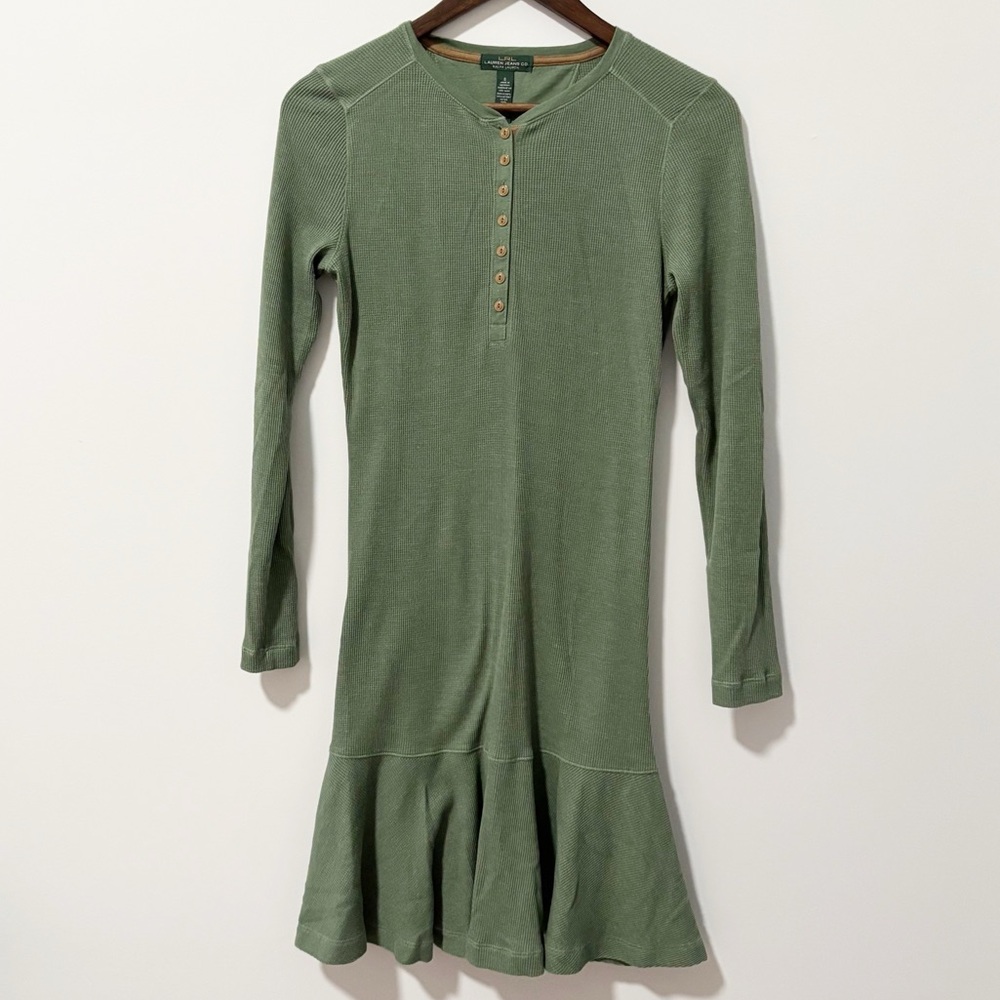 LRL Lauren Jeans Co Waffle Knit Dress Womens Size Small Green Long Sleeve Ruffle